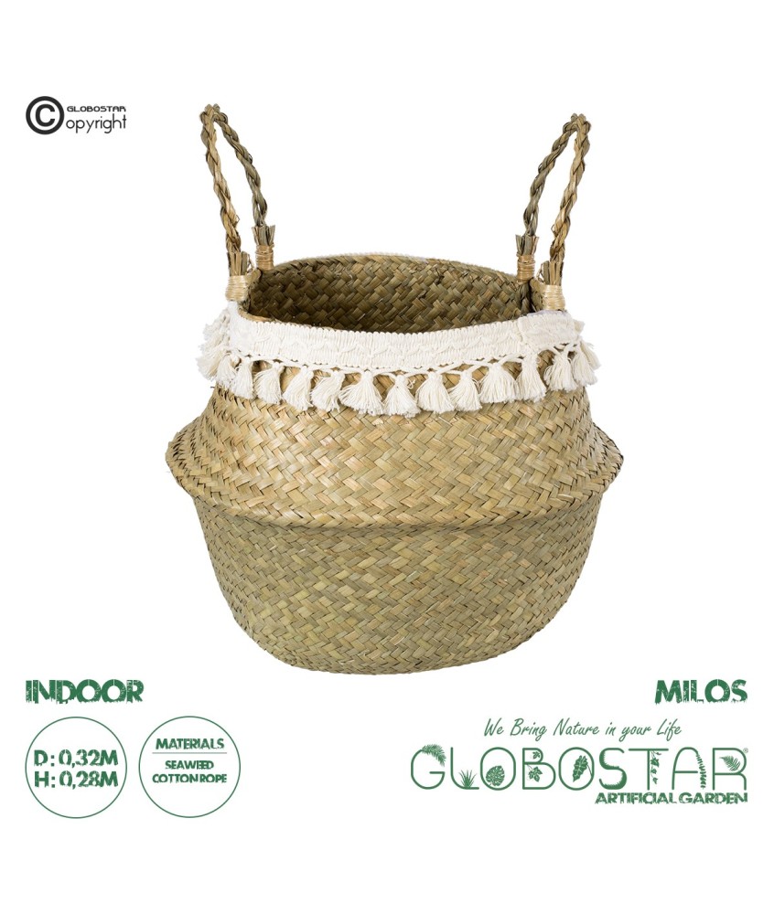 GloboStar® Artificial Garden MILOS 20308 Διακοσμητικό Ψάθινο Καλάθι - Κασπώ Γλάστρα - Flower Pot Μπεζ με Μακραμέ Φ32cm x Υ28cm